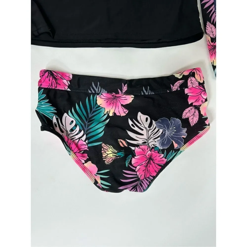 Justice Girl Rash Guard SET 2 pc Black Floral  Swimsuit UPF 50+ Sz16-18(XL)